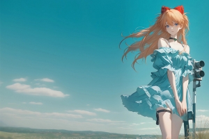 蓝色裙子动漫女孩长发 蝴蝶结头饰 蓝天 3440x1440带鱼屏壁纸高清免费