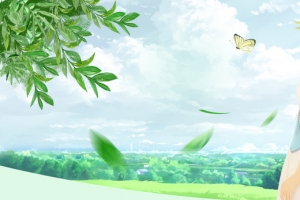春游手绘风美女蓝天白云蓝色banner
