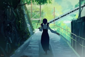 走道 护栏 少女背影插画背景4k动漫壁纸3840x2160