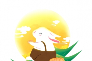 手绘中秋节坐在月亮下吃月饼的可爱兔子