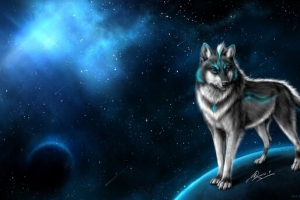 夜空恐怖动物狼矗立