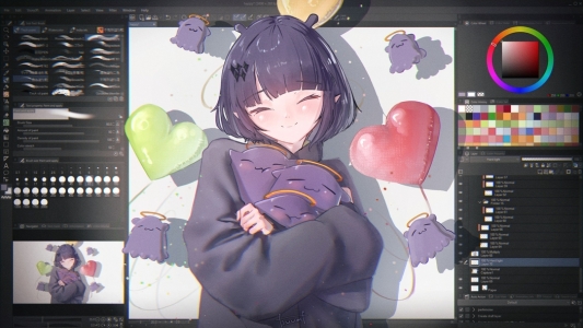 动漫女孩 刘海 微笑 闭眼 可爱表情 草图 Photoshop 绘画4k壁纸