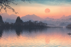 好看手绘山水画 日落 湖水 渔船 4k风景壁纸