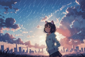 3840x2160 女孩 耳朵 天空 云 建筑 动漫壁纸 背景