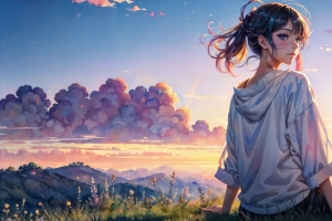 坐在草地上的动漫女孩 天空 风景 3440*1440带鱼屏壁纸
