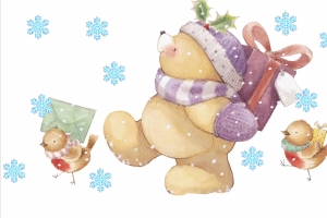 冬天 小鸟 信 雪花 玩具熊 礼品 4k卡通壁纸