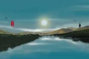 山水画 河流 小桥 3000x2000平板风景壁纸
