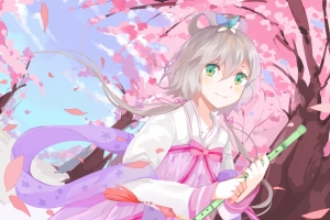 洛天依 古风 插画 意境 桃花 春天 笛子 高清壁纸