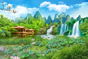 清新风景瀑布电视墙背景素材