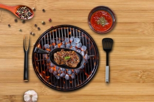 美味烤肉简约木纹背景
