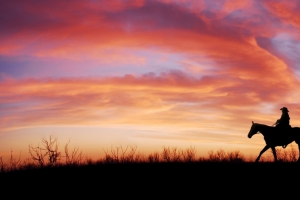 骑马的女孩 黄昏 夕阳3440x1440风景壁纸