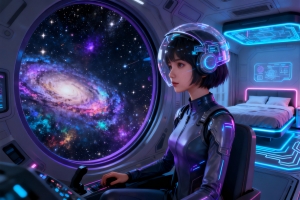 太空舱 短发美女 赛博朋克 科幻星空 房间 床4k壁纸3840x2160