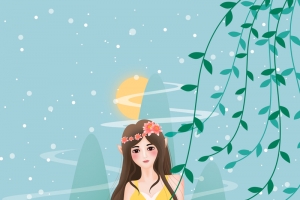 手绘春天花朵柳条人物背景图