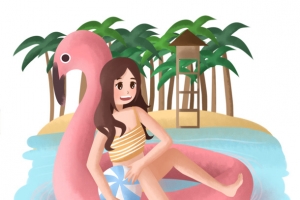 手绘夏日戏水游泳女孩插画