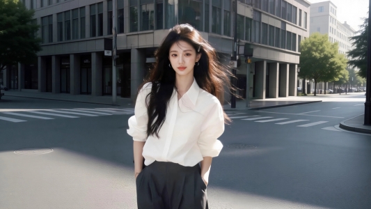城市街道长发白色衬衫美女4K高清壁纸3840x2160免费下载