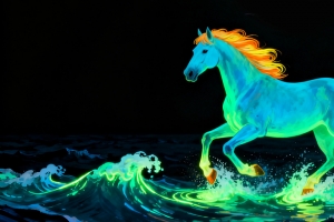 晚上荧光色的马 海边奔跑3440x1440带鱼屏壁纸