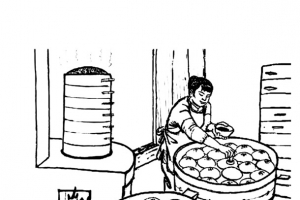 手绘乡村蒸馒头素描图