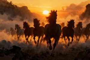 美丽的黄昏 十只奔跑的骏马4K壁纸图片