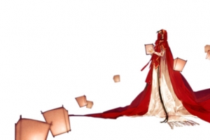 红衣放孔明灯的女人手绘古风