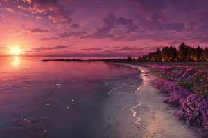 夕阳 沙滩 花田4K风景壁纸
