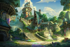 天空 云朵 房屋 树木 台阶 2D绘画风景 4k壁纸