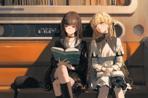 两个女孩 齐刘海 坐着 书本 4K动漫壁纸