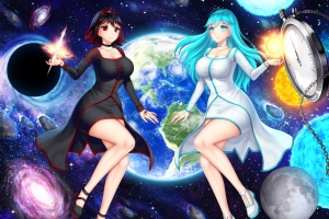星空 星球 两个动漫美女4k高清壁纸