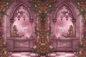 玫瑰园 鲜花 蜡烛 窗口 石柱 鸽子 唯美梦幻绘画图片