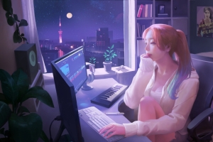 可爱女孩 电脑 听音乐 晚上 好看动漫壁纸