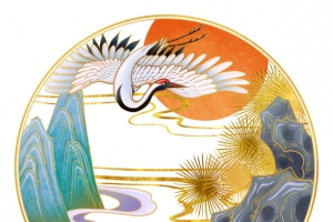 烫金中国风仙鹤祥云远山太阳松树假山
