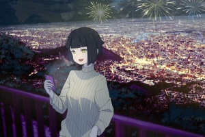 女孩 微笑 手机 烟花 动漫 4k壁纸 3840x2160