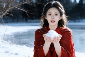 冬季红衣美女手捧着雪4K壁纸