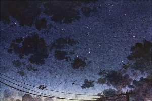紫色星空环境渲染云朵电线杆