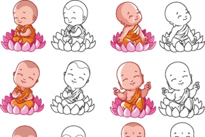 小和尚卡通插画线图佛像合