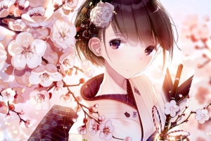 女孩 一瞥 和服 樱花 花 动漫 4k壁纸 3840x2160