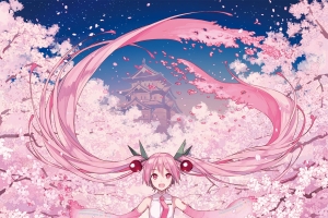 初音未来 粉色樱花 手机壁纸