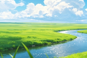 蓝天白云清新草原河流 4K高清风景壁纸3840x1200免费下载
