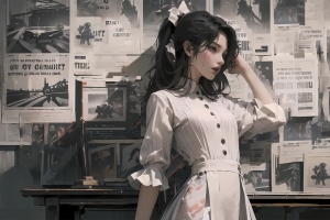 报纸墙少女 裙子 黑白风格 4k壁纸 3840x2160