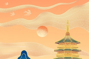 国潮手绘插画背景西湖