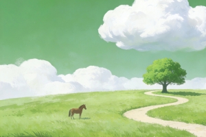 绿色天空 云朵 草地 马儿 弯曲小路 小树 小清新风景3440x1440带鱼屏壁纸