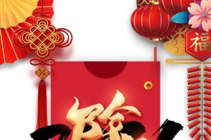 春节除夕2021中国结灯笼鞭炮花朵铜钱