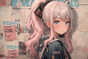 报纸墙 可爱马尾辫少女4K电脑壁纸