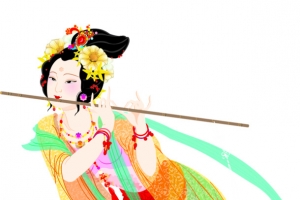 手绘古风女孩吹笛