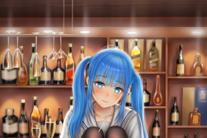 女子 女孩子 蓝色双马尾辫 丝袜 水手服制服 酒吧 4k全面屏手机壁纸
