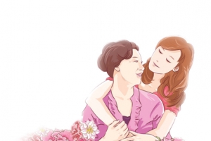 手绘粉色花朵母女