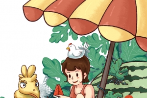 大暑夏天手绘人物西瓜遮阳伞