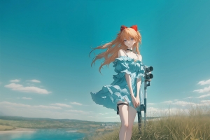 长发 蓝色裙子女孩 蝴蝶结头饰 蓝天 4k动漫壁纸