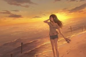 海边光脚的少女全面屏手机壁纸动漫