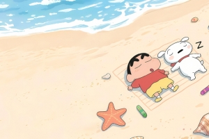 海边 海滩 蜡笔小新 小狗 贝壳 3440x1440带鱼屏动漫壁纸