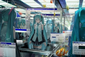 初音未来 站立 长发 动漫女孩 插画 窗口 4k壁纸